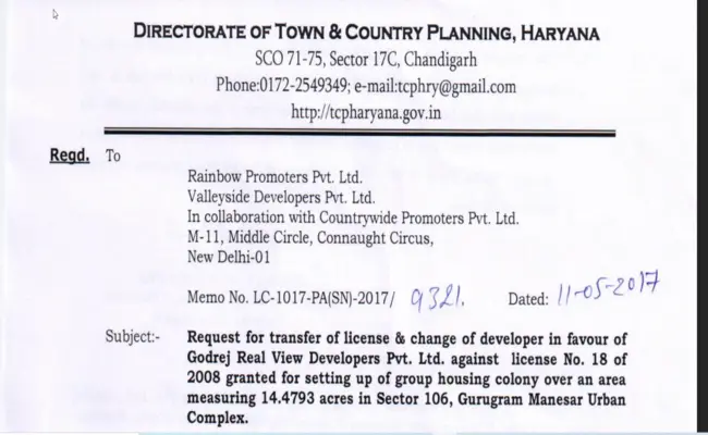 Transfer of licence in favour of Godrej Real View Developers Pvt. Ltd.