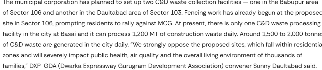 Screenshot of a Times of India article stating that MCG planned a C&D waste collection facility in the Babupur area of Sector 106 and that fencing work had begun at the proposed site.