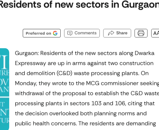 Screenshot of a Times of India article reporting resident opposition to proposed C&D waste processing facilities in Sectors 103 and 106, Gurugram.
