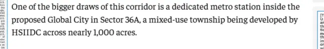 Screenshot from an Economic Times article stating that the proposed Gurugram Metro corridor includes a dedicated metro station inside the proposed Global City in Sector 36A, near Max Estate 361.