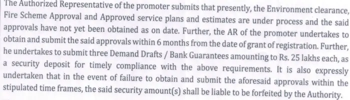 Excerpt from the Estate 361 HARERA hearing order showing that Environmental Clearance, Fire Scheme Approval and Approved Service Plans & Estimates were pending at the time of RERA registration, along with the promoter's undertaking to obtain them.