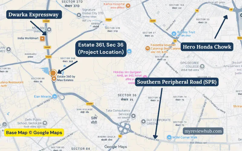 Annotated Google Maps showing Estate 361 in Sector 36 Gurugram, highlighting the Dwarka Expressway, Southern Peripheral Road (SPR), and the direction towards Hero Honda Chowk.