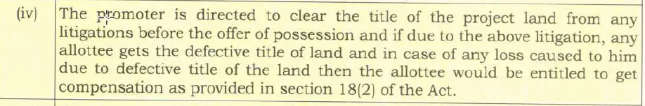 Extract from the HARERA Registration Certificate for Max Estate 361 showing the condition requiring the promoter to clear the project land title from litigations before offering possession.