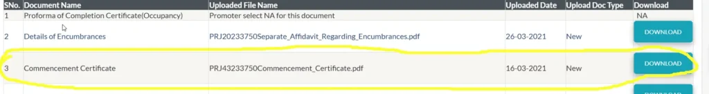 UP-RERA document table listing a Commencement Certificate for ATS Kingston Heath uploaded on 16 March 2021