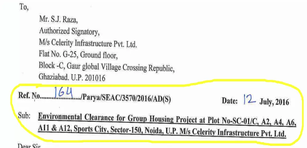 Document linked as Commencement Certificate on UP-RERA showing Environmental Clearance for the Sector 150 development dated 12 July 2016