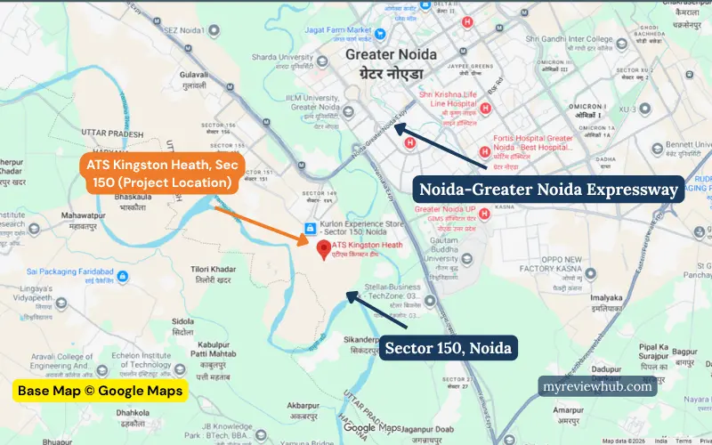 Location map of ATS Kingston Heath in Sector 150, Noida, near the Noida-Greater Noida Expressway