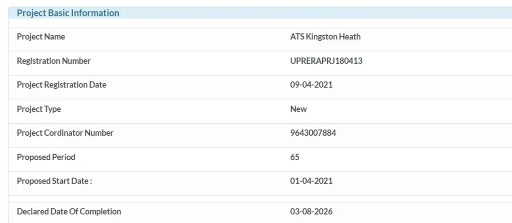 UP-RERA project details for ATS Kingston Heath showing proposed period of 65 months, start date 1 April 2021 and declared completion date 3 August 2026