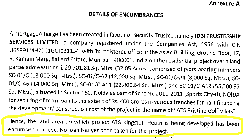 UP-RERA Form-B Annexure-A showing the mortgage charge over land on which ATS Kingston Heath is being developed