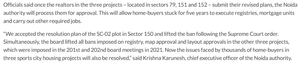 Hindustan Times report quoting Noida Authority CEO on lifting Sports City registry and map approval restrictions
